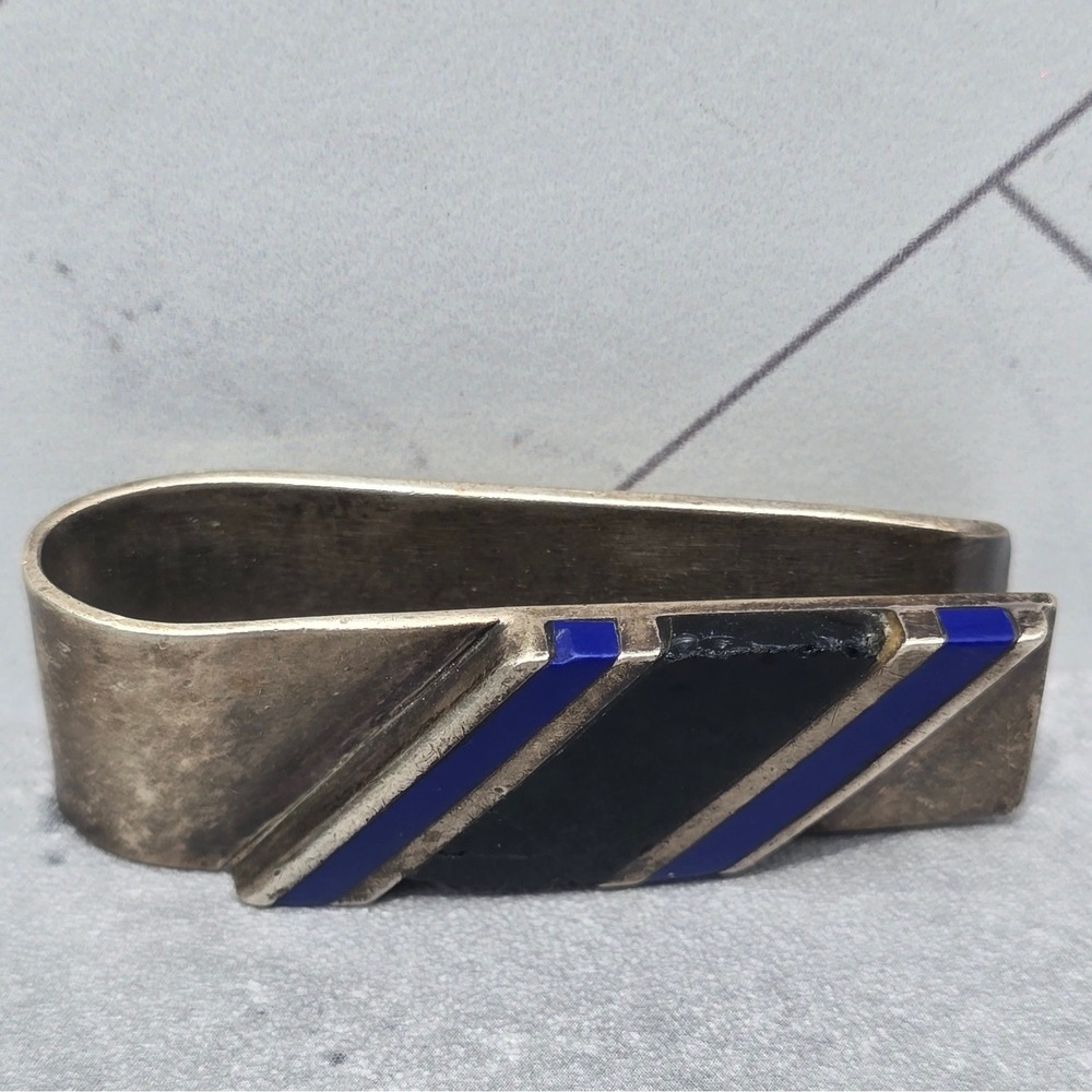 Vintage Mexico 925 Sterling Silver Money Clip Blue Black Inlay Modernist 22.6g